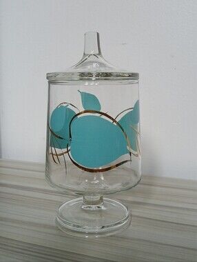 Vtg MCM Anchor Hocking Enchant Ware Glass Apothecary Jar with Lid Turquoise Gold